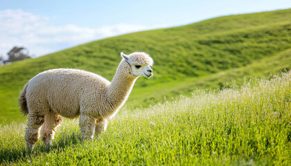 Fototapeta premium A fluffy alpaca stands gracefully in a lush green field under a clear blue sky, embodying tranquility and nature's beauty.