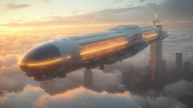 hyperloop train approaching a floating aeropolis with dallas skyline visible through clouds below sleek design merges ground and air travel in a futuristic transportation hub
