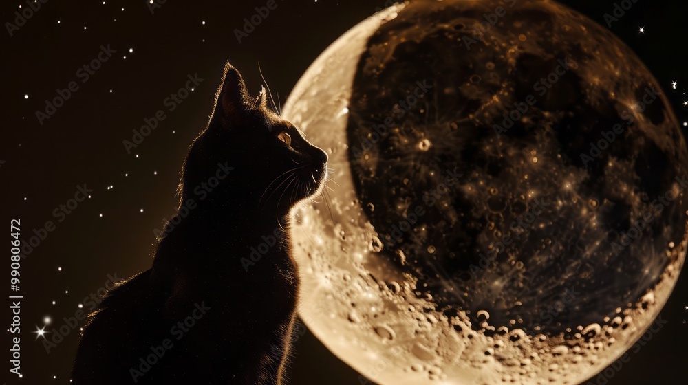 Wall mural playful cat sitting on the moon's surface, surrounded by stars and a mystical night sky, perfect for