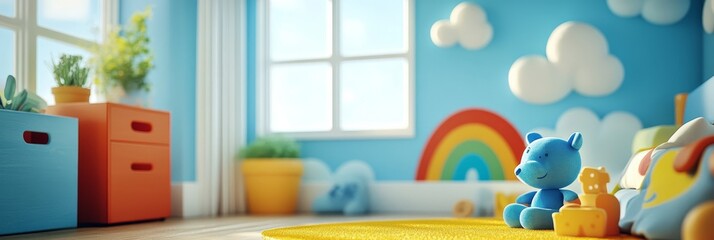 Blue Teddy Bear and Toy on Yellow Rug in Cozy Kids Bedroom Interior with Rainbow Decoration.