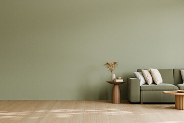 Minimalistic living room with green sofa and decor. 3d render.