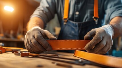 A craftsman works with leather, shaping a vibrant orange strip, surrounded by tools in a warmly lit workshop.