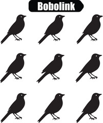 Bobolink Bird Silhouettes: Vector Illustration of Nine Black Bobolinks, Wildlife Graphic Design Element for Nature and Ornithology Projects
