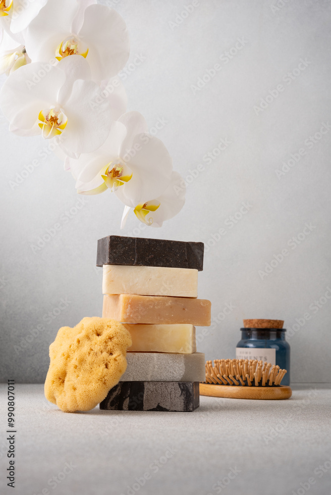 Wall mural Stack of handcrafted soap bars and natural sponge