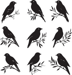 Black Bird Silhouettes on Branches: Vector Illustration of Songbirds Perched on Twigs, Minimalist Graphic Design for Nature Themes