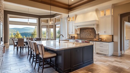 A modern kitchen with white cabinets, a large island, and a dining area with a wooden table and chairs.
