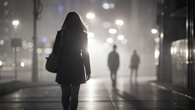 Silhouette of a young woman walking home alone at night narrow street, scared of stalker and being assault , insecurity concept