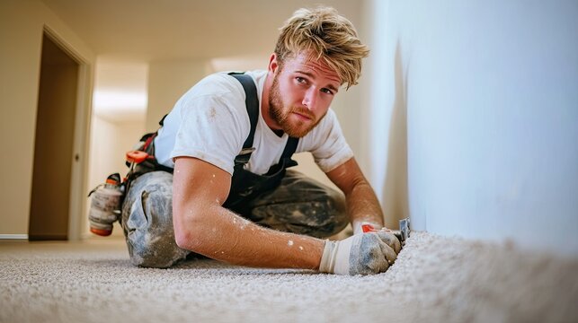 A focused young man installs carpet, demonstrating skillful craftsmanship in an indoor space, showcasing the process of home improvement.