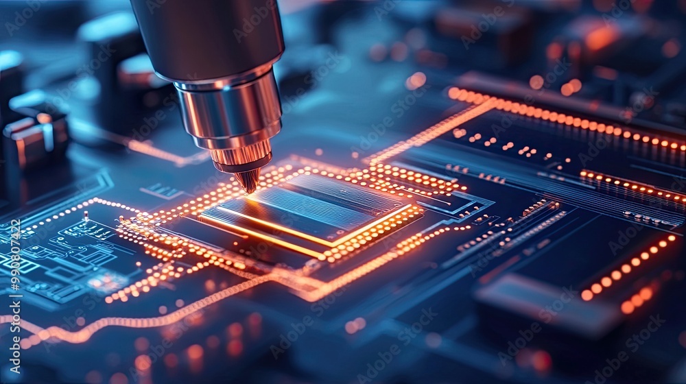 Poster a close-up view of a circuit board with a concentrated light on a microchip, showcasing advanced tec
