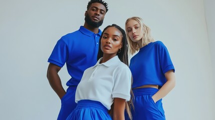 Confident young adults modeling blue fashion indoors