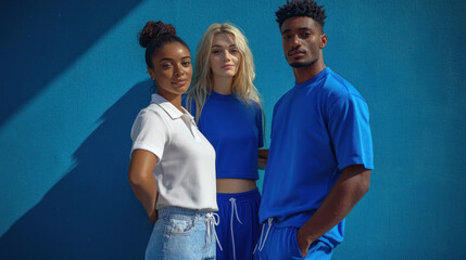 Three stylish individuals in blue and white attire
