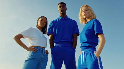 Confident trio posed in blue and white on clear day