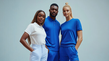 Elegant trio in blue with pastel backdrop