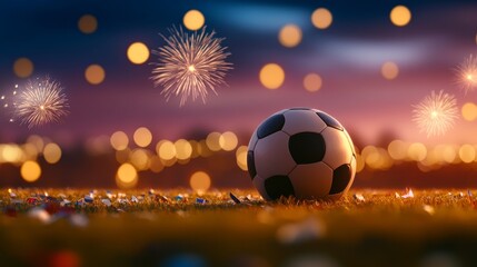 Fototapeta premium A soccer ball is on a field with fireworks in the background