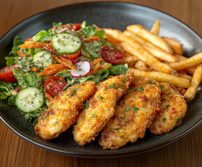 Fototapeta premium a plate of crispy, golden chicken tenders and seasoned fries. AI generative.