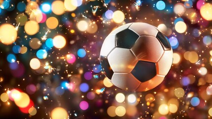 Fototapeta premium A soccer ball is suspended in the air above a colorful background