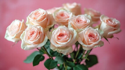 Fototapeta premium Bouquet of delicate pink roses on pink background