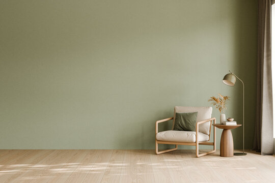 Minimalist living room with beige and green decor. 3d render.