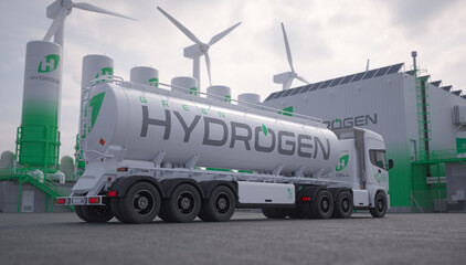 Tanker truck at green hydrogen plant. Realistic 3D render. © Negro Elkha