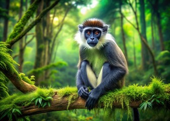 Obraz premium Majestic Black Face Monkey Sitting on a Branch in Lush Green Forest Surrounded by Nature's Beauty