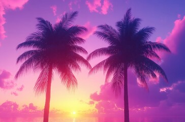 Vibrant sunset overlooking two palm trees by the calm ocean horizon