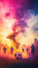Fototapeta premium A group of soccer players are running through a field with a soccer ball