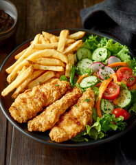 Fototapeta premium a plate of crispy, golden chicken tenders and seasoned fries. AI generative.