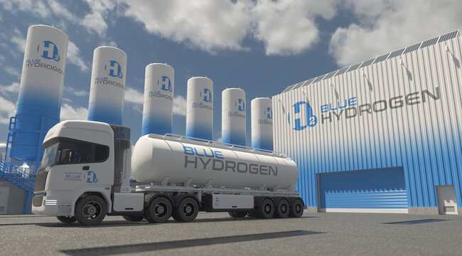 Blue hydrogen distribution plant with tanker truck and deposits. Realistic 3D render.