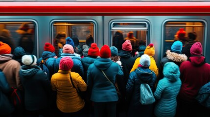A busy subway scene with passengers in colorful winter attire waiting for a train, showcasing urban life and cold weather.