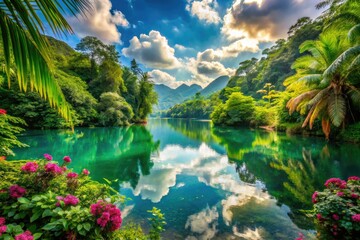 Fototapeta premium Peaceful nature scenes showcasing rich greenery, calm waters, and vibrant plant and animal life create a serene atmosphere that invites relaxation and appreciation of beauty.