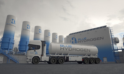 Blue hydrogen distribution plant with tanker truck. Realistic 3D render.