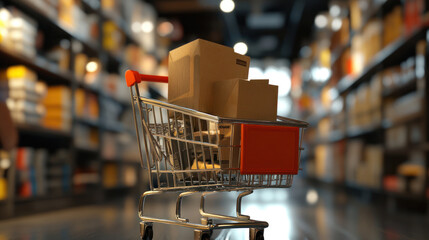 Cardboard boxes inside shopping cart in a busy store