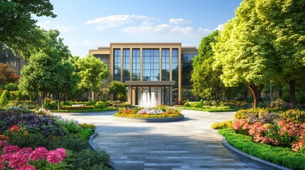 Obraz premium A beautiful garden bursts with vibrant flowers in bloom, surrounded by lush bushes. Colorful butterflies flit about, creating a serene atmosphere that complements the nearby office area.