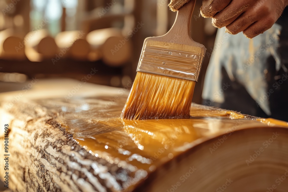 Aufkleber a close-up of a person applying varnish to a wooden log with a brush.