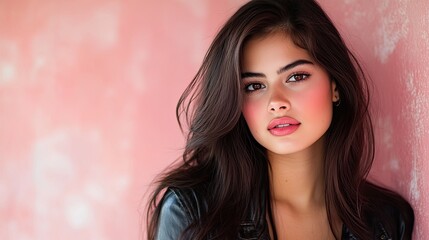 Naklejka premium A close-up portrait of a young woman with dark hair, soft features, and a natural makeup look, set against a textured pink background.