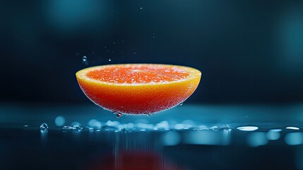 A vibrant orange segment floats above a dark surface, surrounded by droplets, creating an engaging and refreshing visual.
