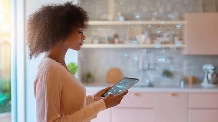 Person Holding Tablet with Notifications in Modern Kitchen
