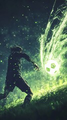 Fototapeta premium A soccer player is kicking a ball in the air