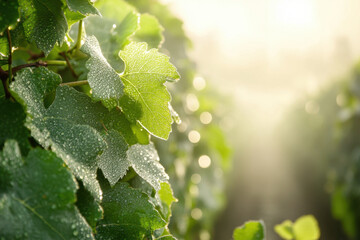 A foggy morning in a vineyard, with dew-covered grape leaves and muted sunlight filtering through the mist, creating a peaceful and serene scene