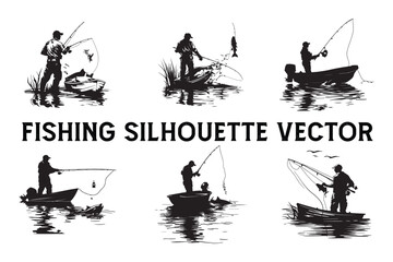 Fisherman and Rod Vector Silhouette Set, Outdoor Fishing Vector Silhouette Illustrations,