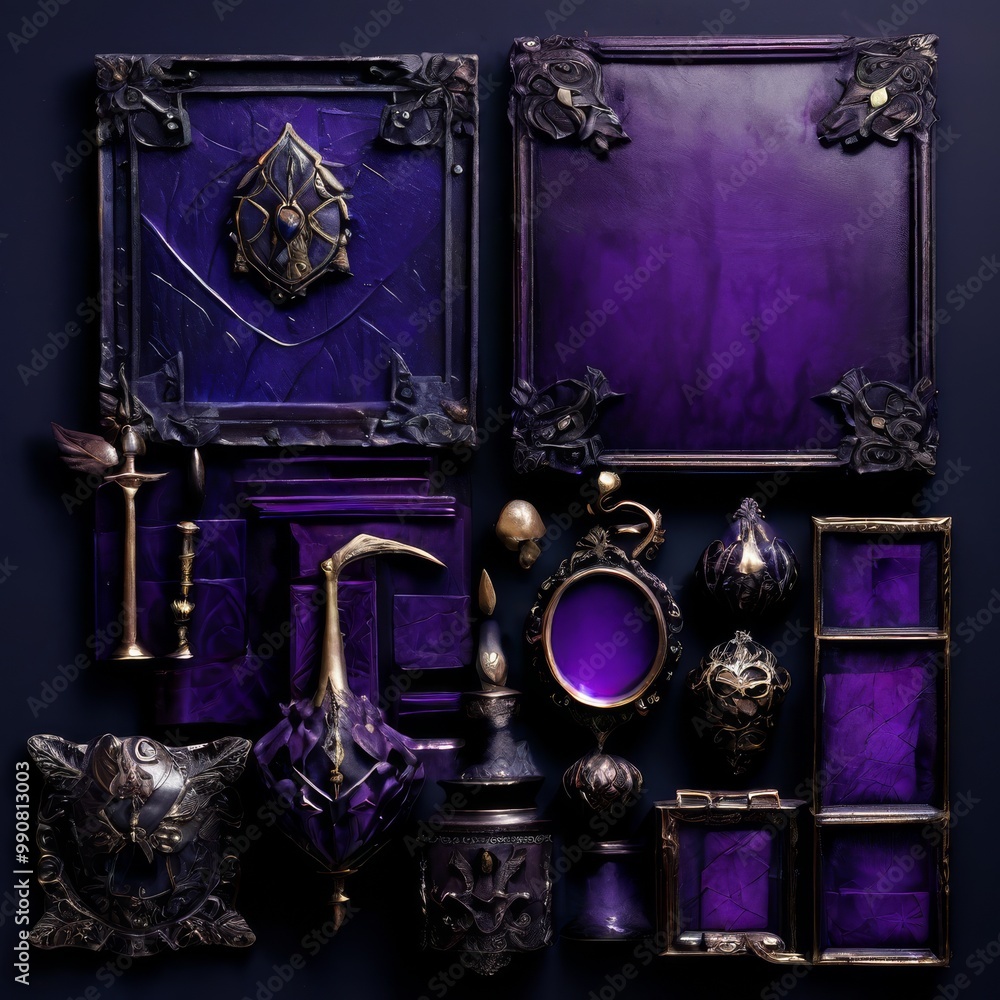 Poster a collection of intricately designed purple and gold decorative objects arranged on a dark surface. 