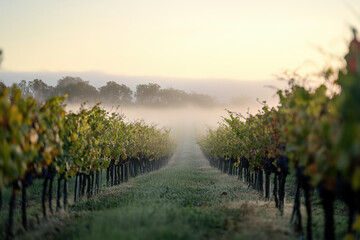 Naklejka premium A morning mist envelops a vineyard, with the soft light creating an ethereal and tranquil setting among the rows of grapevines