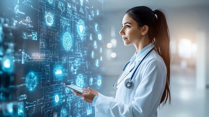A female doctor in a white coat stands in a hospital room, looking at a holographic screen filled with data and symbols, representing the future of healthcare.