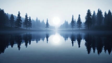 Fototapeta premium A serene landscape featuring misty trees and a calm lake reflecting the soft light of dawn.
