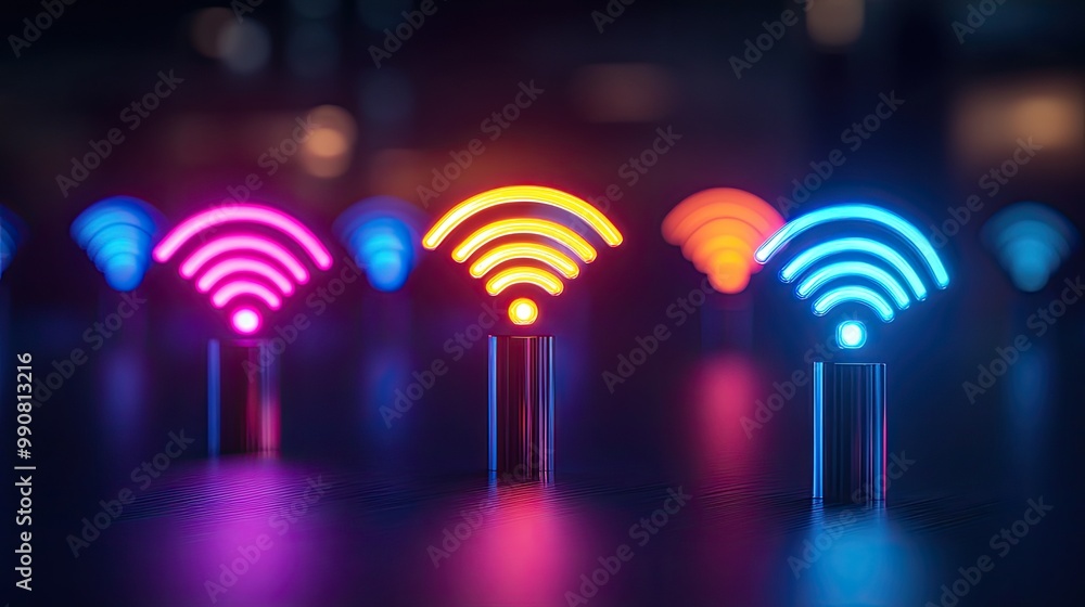 Aufkleber a vibrant array of illuminated wi-fi symbols in various colors, representing connectivity and techno