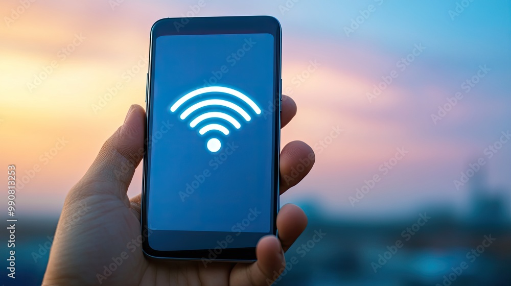 Poster a hand holds a smartphone displaying a wi-fi signal against a beautiful twilight background.