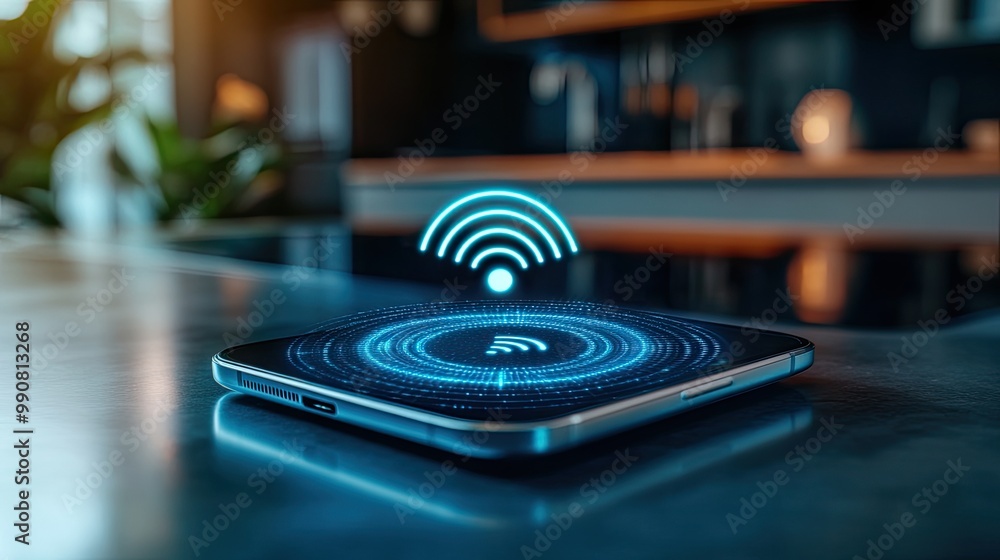 Poster a smartphone displayed with glowing wi-fi signal graphics, indicating connectivity and technological