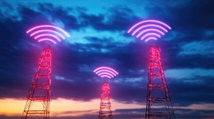 Description: Three towers emit glowing pink wireless signals against a dramatic twilight sky, symbolizing connectivity and technology.