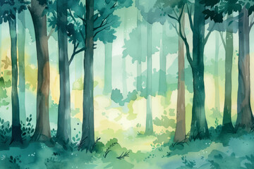Serene watercolor forest landscape painting
