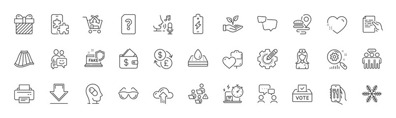 Food delivery, Employees group and People chatting line icons. Pack of Teamwork, Surprise, Delivery online icon. Search statistics, Communication, Blood pictogram. Speech bubble. Line icons. Vector